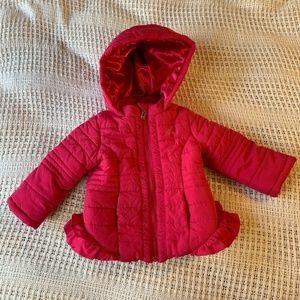 Guess Hot Pink Hooded Puffer Zip Up Jacket With Ruffle Back Size 18 Months(1314)